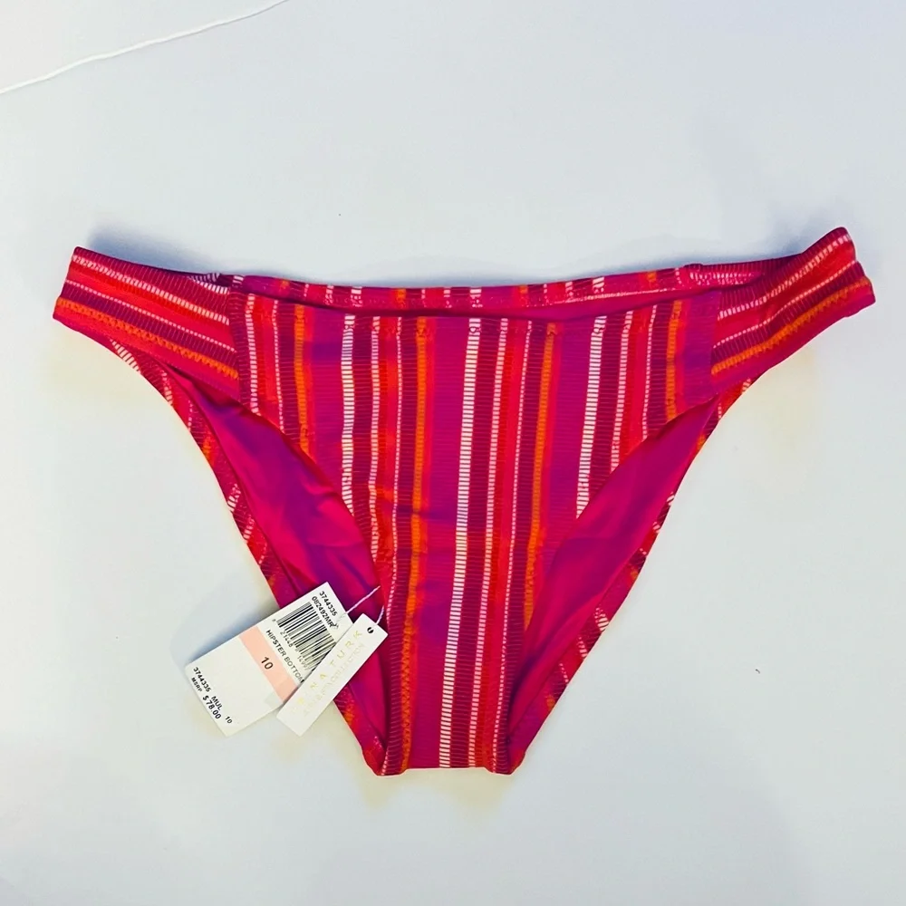 TRINA TURK Marai Ruffle Top & Hipster Bottom Bikini Set / Pink Stripe, Size 10 - Picture 4 of 13